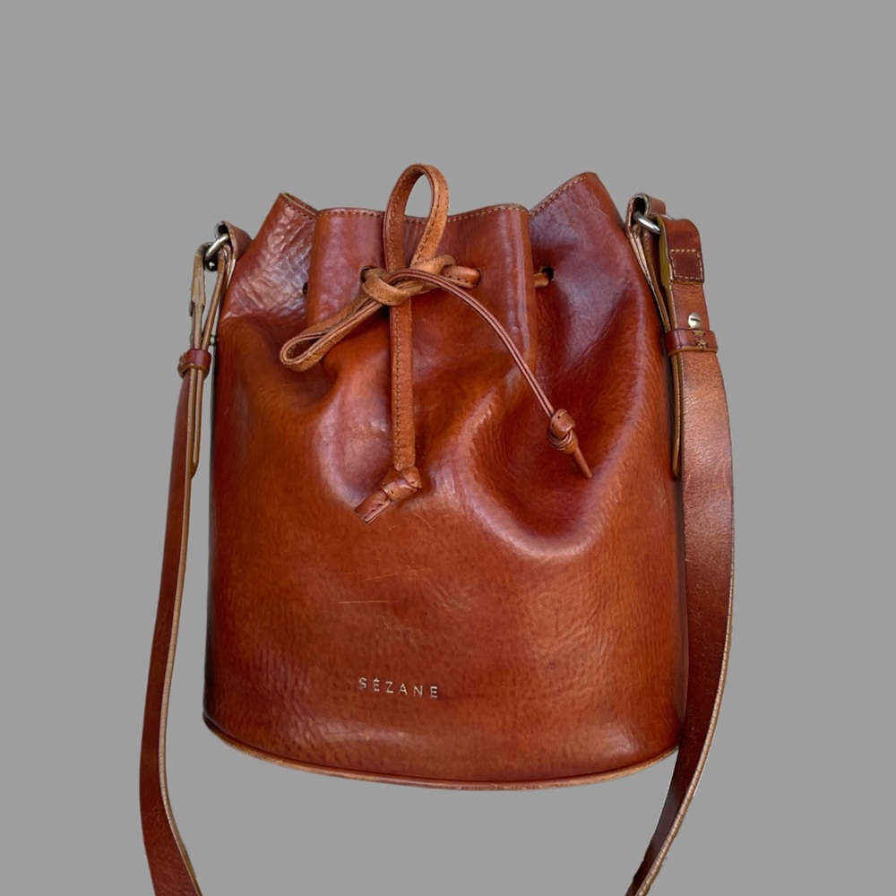 Brown Leather Drawstring Bucket Bag